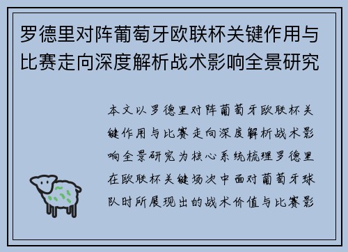 罗德里对阵葡萄牙欧联杯关键作用与比赛走向深度解析战术影响全景研究